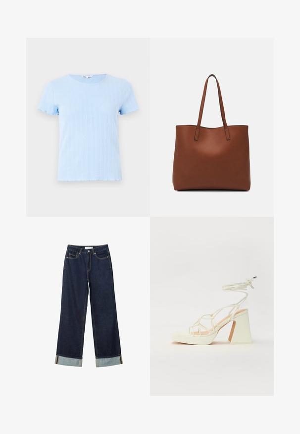 Helles blaues T-Shirt mit kurzen Ärmeln und rundem Ausschnitt, mit vertikaler gerippter Textur und gewellten Kanten an den Ärmeln und dem Saum.; Dunkelblaue, weit geschnittene Jeans mit hoher Taille, ausgestattet mit aufgerollten Säumen, Kontrastnähten und einem Fünf-Taschen-Design. Hergestellt aus Denim-Stoff.; Weiße High-Heel-Sandale mit einem klobigen Absatz, die über ein Riemchendesign und ein Knöchelband verfügt. Glatte Textur mit einer Plattform vorne für zusätzliche Höhe.; Braune Leder-Tote mit glatter Textur, offenem Oberteil und zwei Schulterriemen. Verfügt über minimale Nähte und keine sichtbaren Beschläge.
