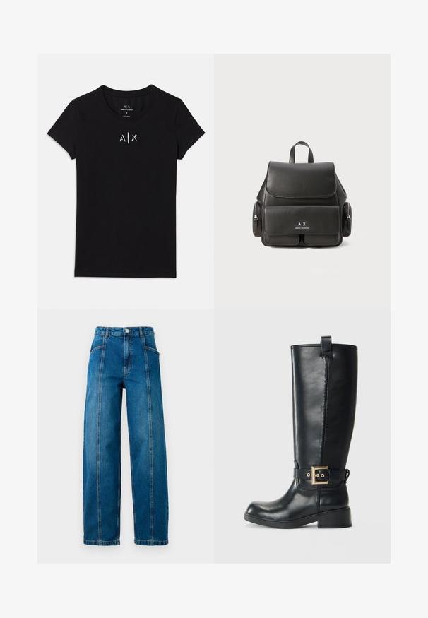 Black short-sleeve Armani Exchange T-shirt with round neckline and small white "A|X" logo centered on the chest.; High-waisted blue denim jeans with wide legs, front vertical seams, side pockets, belt loops, and a button closure.; Black knee-high leather boot with a low block heel, decorative gold buckle strap around the ankle, and a pull tab at the top.; Black leather backpack with a flap closure, front pocket, side zipper compartments, and a top handle. Features logo detailing at the front.