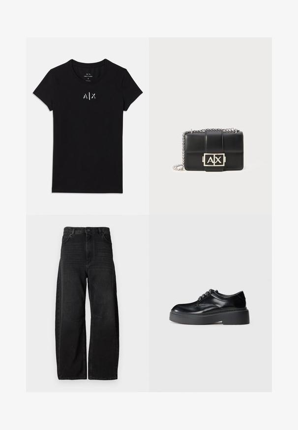 Zwart T-shirt met korte mouwen van Armani Exchange, met ronde hals en klein wit "A|X" logo in het midden van de borst.; Brede zwarte denim jeans gemaakt van stevig materiaal, met een hoge taille, grote frontzakken en een strakke, minimalistische stiknaadontwerp.; Zwarte leren schoenen met een ronde neus, dikke plateauzool en decoratieve veters. Glad oppervlak met zichtbare contrasterende stiksels.; Zwarte leren handtas met een quilted ontwerp, zilveren kettinghengsel en een opvallend zilveren "AX" logo aan de voorkant. Compacte rechthoekige vorm.