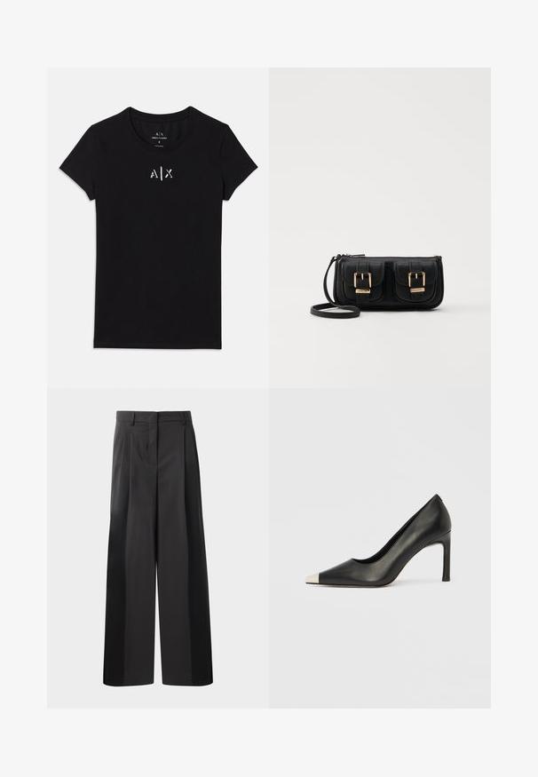 Tricou Armani Exchange negru, cu mânecă scurtă, gât rotund și mic logo alb "A|X" centrat pe piept.; Pantaloni negri cu talie înaltă, cu picioare largi, având pliseuri frontale, o textură netedă și un finisaj croit. Concepuți pentru o croială relaxată.; Pantof cu toc înalt din piele neagră, cu vârf ascuțit și un capac metalic argintiu. Are un finisaj neted și un toc subțire de 10 cm.; Geantă neagră din piele, tip crossbody, cu două buzunare frontale, catarame aurii, închidere cu fermoar și o curea subțire. Suprafață texturată și formă rectangulară compactă.