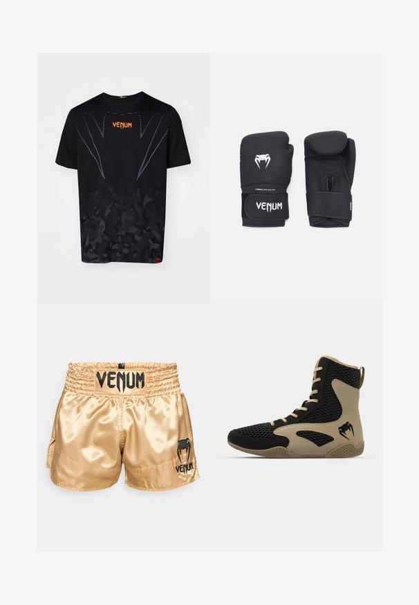 Mustaga lühikeste varrukatega T-särk, millel on kamuflaažimuster, oranži "VENUM" logo ja kontrastsed hallid jooned. Pehme, kerge materjal.; Kuldne satiinist poksipingid musta "VENUM" logoga vööl ja külgedel, millel on sile tekstuur ja elastne vöö, et tagada mugavus.; Korkeatoimelise spordijalanõud musta võrkmaterjaliga, millel on beežid accentsid. Tekstureeritud kummist tallad ja logodetail küljepeal.; Mustad musta värvi poksikindad, millel on sile tekstuur, valge Venomi logo ja reguleeritav takjakinnitus, mis tagab kindla istuvuse.
