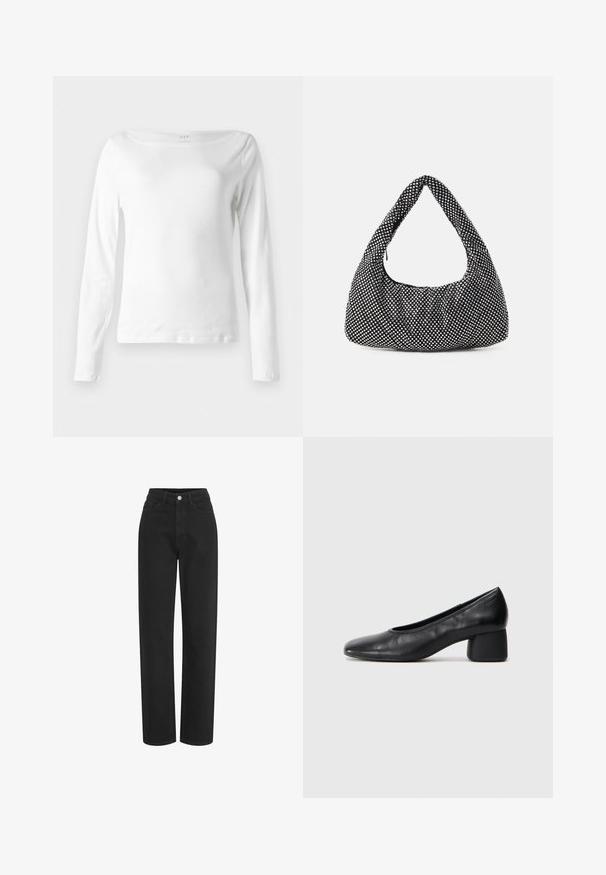 Dolge rokave bela majica iz mehkega bombaža, z ladijskim izrezom in oprijeto zasnovo, z minimalnimi šivi na robu.; Visoko pasovi črni jeans hlače s ravnim krojem, ki imajo sprednje zapiranje na gumb in subtilne šivane detajle.; Črne usnjene petke z zaobljenim nosom in srednjo blok peto. Gladka tekstura z minimalnimi detajli, ki vključuje subtilno elastično odprtino.; Črna torba s ukrivljenim, hobo oblikovanjem, teksturirana tkanina z značilnimi srebrnimi zakovicami. En sam zgornji ročaj, zadrga za zapiranje in mehak profil.