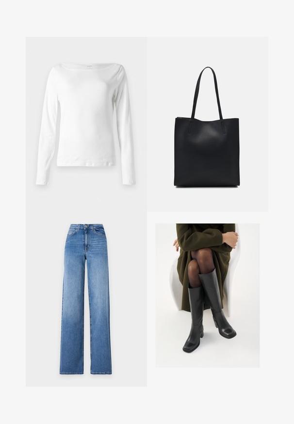 Witte lange mouwen t-shirt gemaakt van zachte katoen, met een bootkraag en een getailleerd ontwerp, met minimale stikdetails aan de zoom.; Lichtblauwe wijd uitlopende spijkerbroek van denim, met een hoge taille, voorkruiszakken en een standaard knoopsluiting. Gladde textuur.; Knieschijf hoge zwarte leren laarzen met een vierkante neus en blokhak, getoond met een model dat zit in een olijfgroene jas. Gladde textuur, minimale details.; Zwarte leren handtas met een gladde textuur, rechthoekige vorm en twee lange handvaten. Geen zichtbare hardware of versieringen.