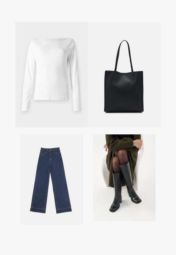 Langarm-weißer T-Shirt aus weicher Baumwolle, mit einem Bootsausschnitt und taillierter Passform, mit minimalen Nähdetails am Saum.; Weite Jeans in dunkelblauem Denim. Verfügt über fünf Taschen, Gürtelschlaufen und einen rohen Saum am unteren Ende mit sichtbaren Nahtdetails.; Knöchelhöhe schwarze Lederstiefel mit quadrater Spitze und Blockabsatz, gezeigt mit einem Modell, das einen olivgrünen Mantel trägt. Glatte Textur, minimale Details.; Schwarze Laptoptasche aus Leder mit glatter Textur, rechteckiger Form und zwei langen Griffen. Keine sichtbaren Beschläge oder Verzierungen.