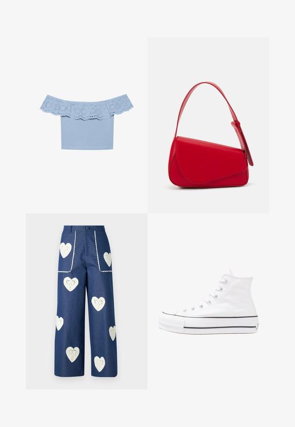 Svetlomodrá blúzka s odhalenými ramenami a volánovým výstrihom so strojovým výrezom. Hladká látka s priliehavým strihom.; Sister Jane HEART TO HEART - Džínsy s rovným strihom - blue denim; Biele vysoké plátené tenisky s čiernou gumovou podošvou, prednou gumovou špičkou a šiestimi okami na šnúrky, s čistým, minimalistickým dizajnom.; Červená kožená kabelka s ostrým, geometrickým dizajnom. Má jeden nastaviteľný popruh a uzatváranie na klopu so šitím.