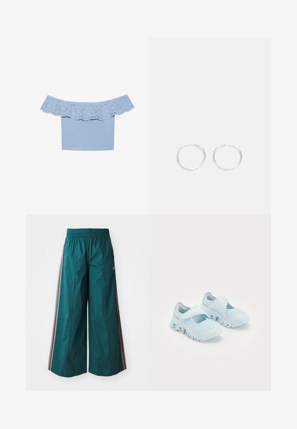 Světle modrý top bez ramínek s volánkovým výstřihem a vyřezávanými okraji. Hladká tkanina s přiléhavým střihem.; Tyrkysové kalhoty s širokými nohavicemi a elastickým pasem, na bocích se pruhy v růžové a bílé barvě, vyrobené z lehkého materiálu.; Světle modré tenisky s síťovinou, výraznými výřezy ve podrážce a suchým zipem přes vršek pro bezpečné uchycení.; Stříbrné kruhové náušnice s elegantním, kulatým designem, s hladkým povrchem a bez viditelných ozdob. Průměr není specifikován.
