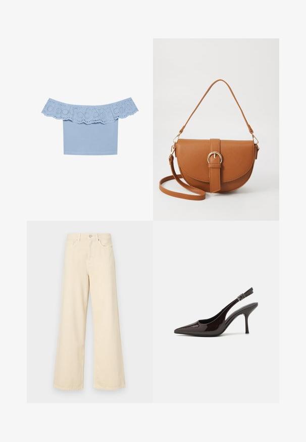 Blusa azul claro sin mangas con escote de volantes y recortes de ojal. Tejido suave con un diseño de cuerpo ajustado.; Jeans de pierna ancha beige fabricados en algodón. Cuentan con un cierre de botón, presillas para cinturón y bolsillos frontales con una textura suave y lisa.; Zapato de tacón alto tipo slingback en piel sintética brillante de color marrón oscuro, con punta afilada, laterales abiertos y correa ajustable en el tobillo.; Bolso bandolera de cuero marrón con forma curvada, herrajes dorados y un acento de hebilla. Incluye una correa de hombro desmontable.
