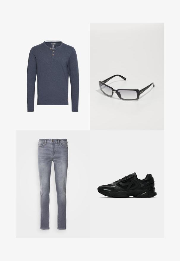 Solid SDVOLKO - Pikkade varrukatega topp - mottled blue; Helehallid teksad sirge lõikega, viie taskuga, messingist nööbiga kinnitus ja jalgu pehmelt kulunud välimus.; Mustad mustad spordijalanõud tekstuurse ülemise osaga, peegeldavate detailidega ja pehmendatud tallaga. Sisetald on seotud ja külgedel on brändi logo.; Mustad ristkülikukujulised prillid gradient objektiividega, pakse raami ja metallist aktsentdetailidega varrukatel. Ühtlane tekstuur kogu ulatuses.