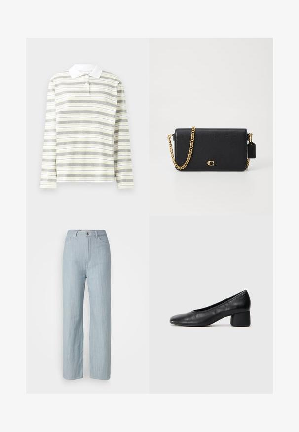 Pikad varrukad polo särk, kerge puuvillasegu, millel on vertikaalsed vahelduvad triibud hallis, kollases ja valges. Valge krae ja kolm nuppu.; Heledad sinine sirge säärtega teksapüksid, mis on valmistatud denimkangast. Omab viit taskut, metallist nupuga sulgemist ja õrna kulumist tekstuuri jaoks.; Must musta kingadega, ümarate varvaste ja keskmise plokknõrga. Sile tekstuur, minimaalse kaunistusega, kergelt elastse avaga.; Must musta risti kott mustast nahast, mis on tekstureeritud pinnaga, kuldne kett ja väike silt. Ees on silmapaistev logo.