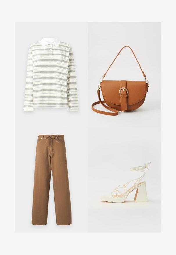 Polo majica dugih rukava, lagana mješavina pamuka, s vertikalnim naizmjeničnim prugama u sivoj, žutoj i bijeloj boji. Bijela ovratnik i tri gumba.; Smeđe široke hlače izrađene od pamuka, sa podesivim pojasom i dva prednja džepa. Teksturalna tkanina s glatkom završnom obradom.; Bijela sandala na visokoj potpetici s debelim petom, s remenom i vezanjem oko gležnja. Glatka tekstura s platformom sprijeda za dodatnu visinu.; Smeđa kožna torba preko tijela s zakrivljenim oblikom, zlatnim metalnim detaljima i naglaskom na kopču. Ima odvojivu naramenicu.