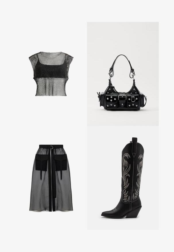 Juodas tinklinis trumpas marškinėlis su geometriniu raštu, su trumpomis rankovėmis ir tekstūrine struktūra, suteikiančia orumo įvaizdį.; Juoda permatoma sijonas su surinkta liemene, dviem didelėm priekinėm kišenėm, liemens raišteliu ir apvaliu metaliniu akcentu.; Juodi oda kaubojiški batai su smailiu nosiu, stulpeliu ir sidabriniais siuvinėti gėlių raštais palei šoną. Kontrastingas siuvinėjimas visoje bato dalyje.; Juodas odinis rankinukas su kreiviu dizainu, su sidabro spalvos knopkėmis, užsegimu ir dviem šoninėmis kišenėmis. Reguliuojama dirželis nešimui.