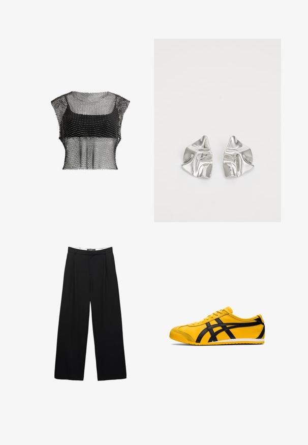 Schwarzes Netz-Crop-Top mit geometrischem Muster, kurzärmlig und mit strukturiertem Design für ein luftiges Erscheinungsbild.; Schwarzfarbene weite Hosen aus glattem Stoff. Mit frontalen Falten, einem Bund mit Gürtelschlaufen und einer taillierten Silhouette.; Gelbe Sportschuh mit schwarzen Akzenten, glatte Ledertextur, geschwungenes Design, runde Zehenpartie, flache weiße Sohle und auffällige Markenlogos an der Seite.; Silberne Metallohrringe mit einem wellenförmigen, skulpturalen Design, das eine polierte Oberfläche und unregelmäßige Formen aufweist, die eine zeitgenössische Ästhetik betonen.