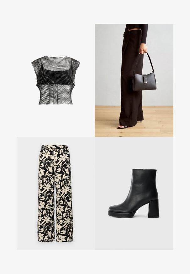 Top scurt din plasă neagră cu un model geometric, având mâneci scurte și un design texturat pentru un aspect aerisit.; Pantaloni negri cu croi larg, decorati cu un model floral crem. Fabricati dintr-un material usor, avand o textura neteda si un talie inalta.; Botină din piele neagră, cu toc pătrat și talpă platformă, văzută din lateral pe un fundal alb simplu.; Genți negre cu o formă structurată, textură netedă și un închizător metalic. Asortată cu pantaloni negri largi și sandale cu vârf deschis pe un podea din lemn.