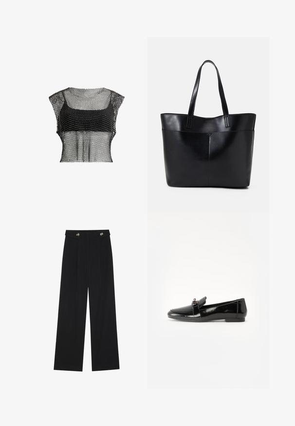Sort mesh crop top med et geometrisk mønster, der har korte ærmer og et struktureret design for et luftigt udseende.; Sorte vide bukser med høj talje, knapdetaljer på taljebåndet og frontfald.; Sort laklæder loafers med flad sål, rund tå og en dekorativ rem med en guld-tonet accent. Glat, blank finish.; Sort læder tote taske med to lange håndtag, en glat tekstur og en struktureret form. Har en forlommem for ekstra opbevaring.