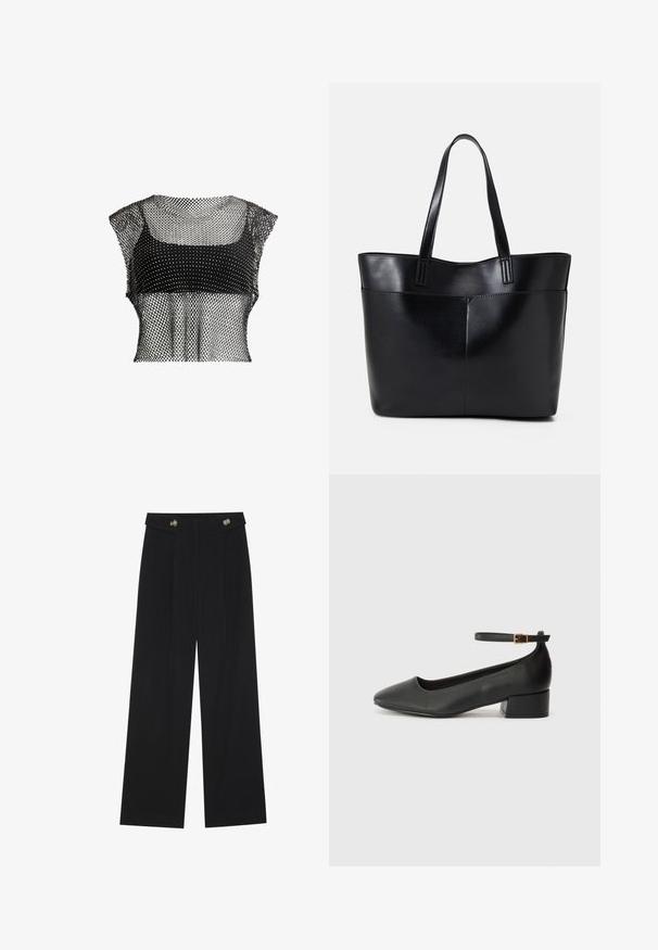 Black mesh crop top with a geometric pattern, featuring short sleeves and a textured design for an airy appearance.; Black wide-leg trousers with high waist, button details on waistband, and front pleats.; Black leather pump with a pointed toe and a low block heel. Features an ankle strap with a gold-tone buckle. Smooth texture.; Black leather tote bag with two long handles, a smooth texture, and a structured shape. Features a front pocket for additional storage.