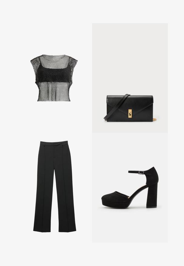 Zwarte mesh crop top met een geometrisch patroon, voorzien van korte mouwen en een gestructureerd ontwerp voor een luchtige uitstraling.; Zwarte hoge taille wijde broek met riemlussen en een detail met verticale naad, gepresenteerd op een witte achtergrond.; Zwarte suède plateauhakken met een dikke blokhak, ronde neus en enkelbandje dat is beveiligd met een metalen gesp. Zachte textuur overal.; Zwarte leren portemonnee met een opklapbare flap, gouden hardware en een logo-accent. Inclusief een afneembare strap voor het dragen.