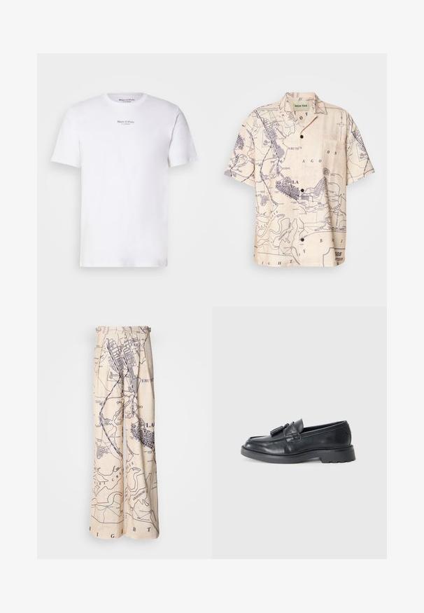Tricou alb cu mânecă scurtă din bumbac, cu gât rotund. Prezintă logo-ul "Marc O'Polo" în negru pe piept. Textură netedă, design minim.; Cămașă cu mânecă scurtă dintr-un material bej deschis, cu imprimeu de hartă în nuanțe de albastru închis, având un guler clasic și o borsetă frontală.; Pantaloni cu picioare largi, cu imprimeu harta în nuanțe de navy pe un fundal bej, cu detalii plissate la talie și o croială comfortabilă.; Loafers din piele neagră, cu vârful rotund, o curea cu bentițe și o talpă groasă cu un model de profil. Textură netedă și design clasic.