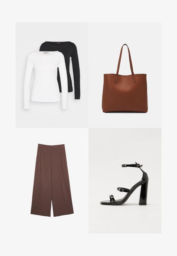 Dvé trička s dlouhým rukávem a kulatým výstřihem, jedno bílé a jedno černé, přičemž bílé tričko je vpředu, na jednoduchém pozadí.; Hnědé široké kalhoty s hladkou texturou, vysokým pasem a předními záhyby. Materiál je lehký a volně splývá.; Černé lakované sandály na podpatku se čtveratou špičkou, lýtkovými pásky a stříbrnými přezkami. Disponují masivním blokovým podpatkem pro stabilitu.; Hnědá kožená taška přes rameno s hladkou texturou, otevřeným designem a dvěma ramenními popruhy. Obsahuje minimální švy a žádné viditelné kovové prvky.