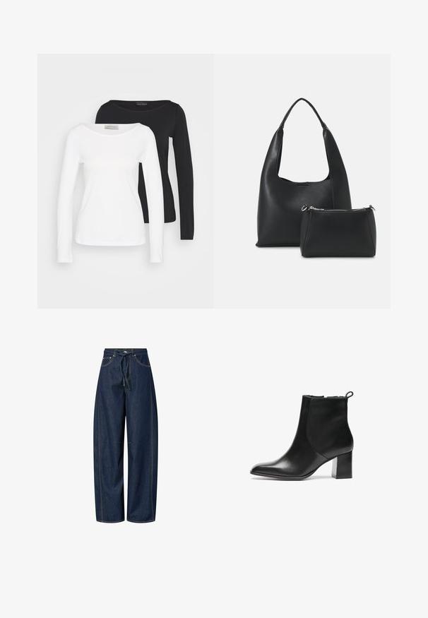 Dva dolgi rokavi majice s krožnim izrezom, ena bela in ena črna, položeni ena na drugo, pri čemer je spredaj bela majica na enobarvni podlagi.; Široke denim hlače v temno modri barvi z vrvico za prilagajanje pasu, kontrastnim šivanjem in dvema sprednjima žepoma. Gladka tekstura, sproščen kroj.; Črne usnjene gležnjarje z zaobljenim nosom, srednje visokim blokastim peto in zanko na hrbtni strani. Gladka tekstura, minimalističen dizajn.; Even&Odd Torbica - black