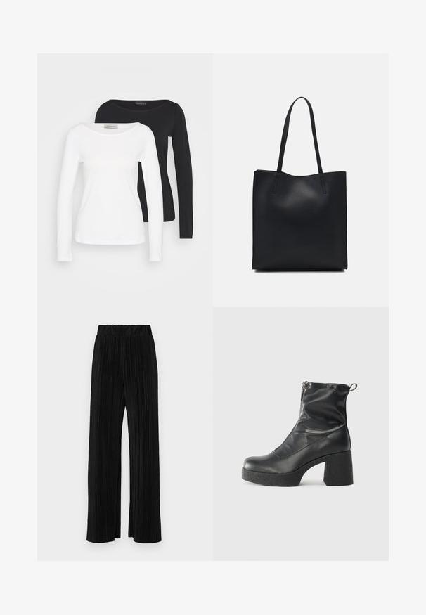 Two long-sleeve crewneck shirts, one white and one black, layered with white shirt in front on plain background.; Black pleated trousers with an elastic waistband. Features wide legs and a smooth, textured fabric with vertical stripes.; Black ankle boots made of smooth leather, featuring a side zipper, chunky textured heel, and rounded toe design.; Black leather tote bag with smooth texture, rectangular shape, and two long handles. No visible hardware or embellishments.