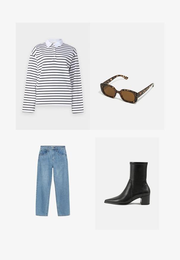 Bílá polo košile s dlouhým rukávem, která má horizontální černé pruhy, klasický límeček a zapínání na dva knoflíky. Hladký bavlněný materiál.; Svetle modré džíny s rovný střih, vysokým pasem, dvěma předními kapsami a klasickým zapínáním na knoflík. Mírné prošednutí a žádné ozdoby.; Černé kožené kotníkové boty s hladkým povrchem, špičatou špičkou, blokovým podpatkem a výrazným vyvýšeným šitím na horním okraji.; Sluneční brýle ve skořápce želvy s kulatým, širokým rámem a hnědými čočkami. Mají jemné vzory a rovné, zúžené stranice.; Beige kožená kabelka s jedinečným tvarem, vybavená dvěma krátkými uchy a dlouhým nastavitelným popruhem. Hladká textura s minimem kovových doplňků.