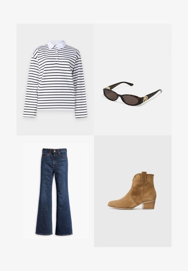 Camisa polo de manga larga blanca con rayas negras horizontales, un cuello clásico y una tapeta de dos botones. Material de algodón suave.; Jeans de mezclilla de tiro alto en azul oscuro, con piernas acampanadas, cierre delantero de botón y cremallera, y diseño de cinco bolsillos.; Botín de ante en color beige con punta afilada, ribete texturizado en el cuello y tacón cuadrado. Presenta una tira en la parte trasera para facilitar su puesta.; Gafas de sol carey con lentes ovalados alargados, tintado marrón, acentos de logo dorado en las patillas y brazos negros elegantes.; Bolsa tote de imitación ante marrón con dos asas resistentes, forma estructurada y diseño minimalista, con sutiles detalles de costura.
