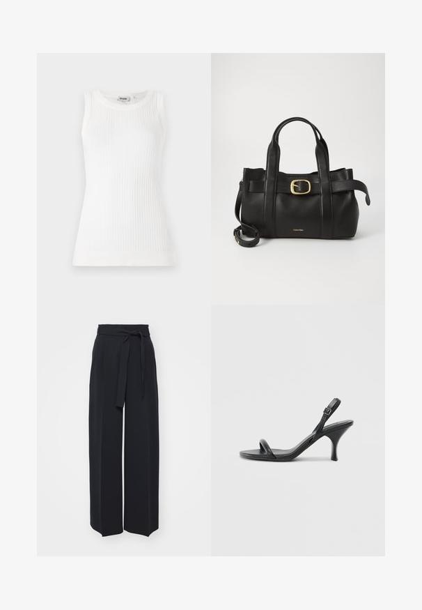 Weißes, geripptes ärmelloses Oberteil mit rundem Ausschnitt und figurbetontem Schnitt, hergestellt aus einem leichten Stoff. Saubere, glatte Textur im gesamten Oberteil.; Schwarze weite Hosen aus weichem Stoff. Mit einem Gürteltäfelchen und vorderen Falten. Glatte Textur mit einem klaren, modernen Design.; Schwarze Leder-Sandalen mit hohen Absätzen, schlankem, gebogenem Absatz und gekreuztem Riemendesign. Verstellbarer Knöchelriemen. Glatte Textur.; Schwarze Lederhandtasche mit strukturiertem Design, doppelten oberen Griffen, goldfarbenem Schnallenakzent und geprägtem Markenlogo auf der Vorderseite.