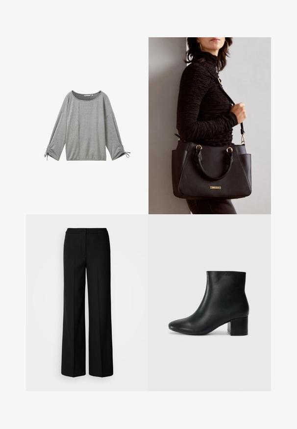 Szary, w paski, długi rękaw, bluzka z szerokim dekoltem, teksturowana tkanina oraz marszczone detale przy mankietach. Posiada mieszankę pionowych i poziomych pasków.; Czarne szerokie spodnie o gładkim materiale, z wysokim stanem, dopasowanymi szwami i minimalistycznym designem. Brak widocznych zapięć lub kieszeni.; Czarne skórzane botki za kostkę z ostrym noskiem i masywnym obcasem. Gładka tekstura z minimalnymi akcentami i elegancki, dopasowany fason.; Czarna torebka z teksturowanej powierzchni, podwójnymi uchwytami na górze i regulowanym paskiem na ramię. Posiada złote okucia i boczne kieszenie.