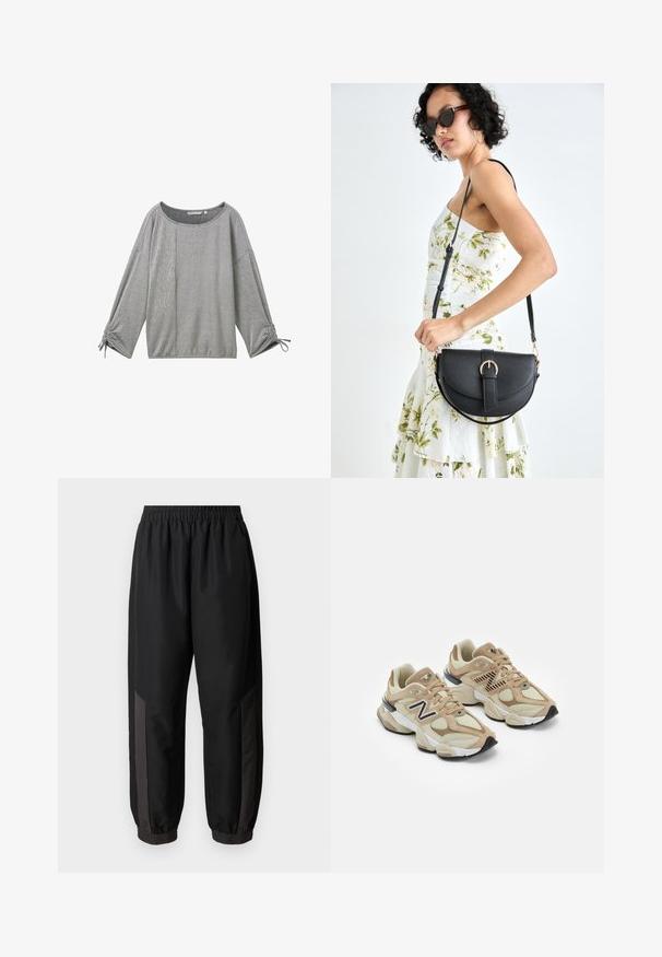 Bluză lungă cu mâneci, de culoare gri cu dungi, cu decolteu larg, dintr-un material texturat și detalii fronsate la manșete. Prezintă un amestec de dungi verticale și orizontale.; Pantaloni sportivi negri, confecționați dintr-un material neted și ușor. Prezintă un cordon elastic la talie, manșete ajustate și panouri laterale gri închis cu logo.; Adidași bej din materiale mesh și suede. Prezintă un logo negru și accente texturate. Talpă intermediară albă groasă și talpă exterioară din cauciuc negru.; Geantă din piele neagră, cu o formă curbată, curea detașabilă și accesorii aurii. Geanta are un capac cu un detaliu tip cataramă.