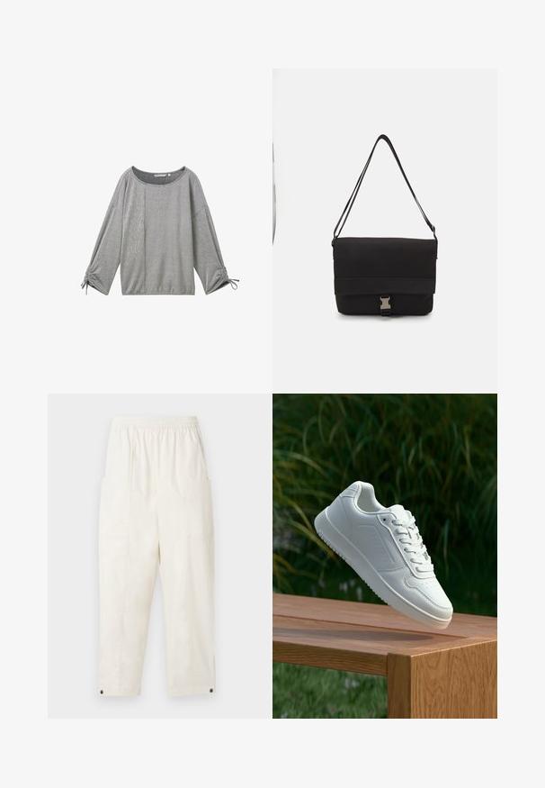 Šedý pruhovaný dlouhý rukáv s širokým výstřihem, texturovaná tkanina a nařasené detaily na manžetách. Obsahuje mix vertikálních a horizontálních pruhů.; Krémové, volné kalhoty s elastickým páskem, bočními kapsami a knoflíkovými detaily na lemu. Vyrobeno z hladké tkaniny.; Bílé tenisky s hladkým syntetickým svrškem, perforovanou špičkou, plochými tkaničkami a texturovanou podrážkou, vystavené na dřevěném povrchu.; Černá messenger taška vyrobená z hladkého materiálu, s překlopným víkem, stříbrnými sponkami a nastavitelným ramenním popruhem.