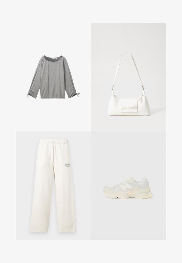 Harmaa raidallinen pitkähihainen paita, jossa on leveä pääntie, teksturoitu kangas ja rypytetty yksityiskohta hihansuissa. Sisältää yhdistelmän pystysuoria ja vaakasuoria raitoja.; Valkoiset leveälahkeiset housut, jotka on valmistettu pehmeästä materiaalista ja joissa on joustava vyötärö. Edessä on hillitty vihreä brodeerattu teksti.; Kevyt lenkkari, jossa on verkko- ja mokkanahkapinta pehmeissä kerman sävyissä, chunky-pohja ja kolmiulotteiset yksityiskohdat.; Valkoinen synteettinen käsilaukku, jossa on kolmikulmainen muoto, tasainen etu läppä ja nauhadetail, säädettävä olkahihna, sileä rakenne ja minimalinen muotoilu.