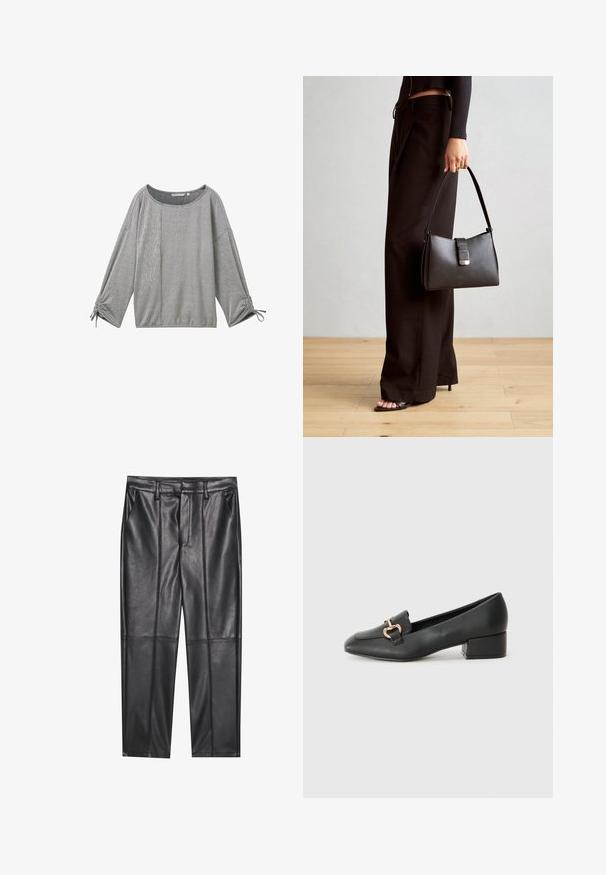 Šedé pruhované tričko s dlhým rukávom a širokým výstrihom, textúrovaná látka a zúžené detaily na manžetách. Obsahuje kombináciu vertikálnych a horizontálnych pruhov.; Čierne kožené nohavice s hladkou textúrou, rovného strihu, s dvoma prednými vreckami a viditeľným švom.; Čierne kožené mokasíny s plochým podpätkom, ktoré majú dekoratívny zlatý kovový detail vpredu a hladkú textúru.; Čierna kabelka so štruktúrovaným tvarom, hladkou textúrou a kovovou sponou. V kombinácii so širokými čiernymi nohavicami a sandálmi s otvorenou špičkou na drevenej podlahe.