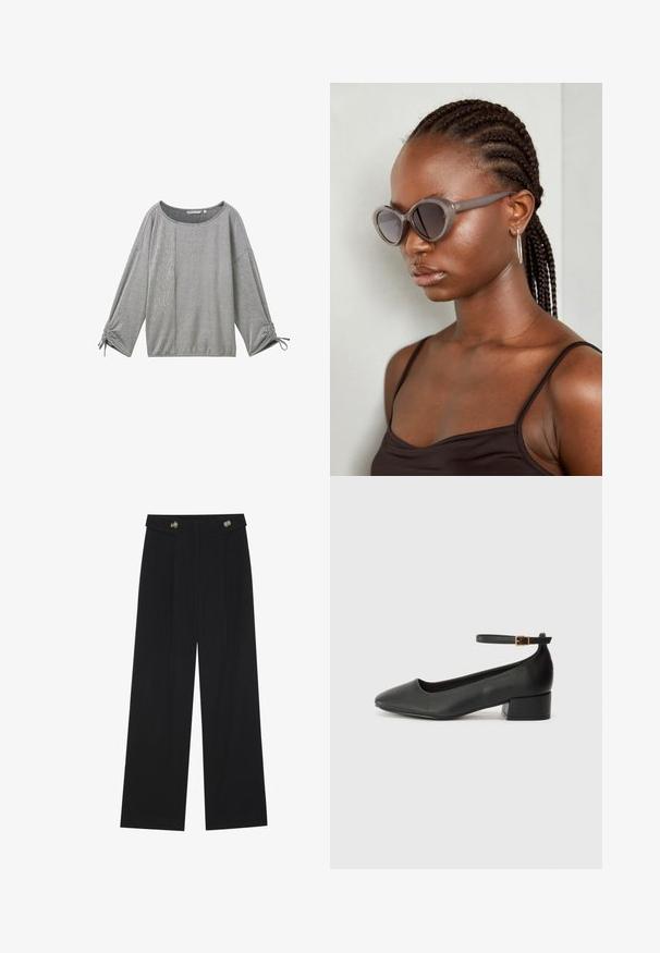 Gråstripet langermet topp med vid hals, strukturert stoff og rynkedetaljer ved ermene. Har en blanding av vertikale og horisontale striper.; Svart vide bukser med høy midje, knappdetaljer på midjebåndet og frontplisser.; Sorte skinnpumper med spiss tå og lav blokkhelt. Har ankelrem med gullfarget spenne. Glatt tekstur.; Grå, overdimensjonerte solbriller med rund form og mørke linser. Slank plastikkramme med glatt overflate. Modellen har flette.
