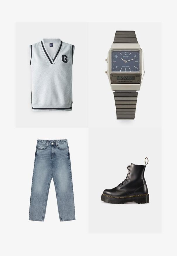 GAP Topp - light heather grey; Heledad sinine teksad sirge lõikega, nähtavate õmblustega, viie taskuga disain ja nupuga kinnitamine vööl.; Mustad musta nahast kingad, millel on paks must solk ja kollane õmblus. Tagaküljel on tõmblõng ja ümmargused metallisest silmad.; Casio digitaalne kell sinise kelladialiga, hõbedase korpuse ja kihilise musta kummirihmaga. Kuvab aega ja häiresätteid. Veekindel.