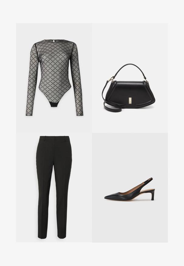 Schwarzer Langarm-Bodysuit aus transparentem Netzstoff mit einem diamantförmigen Muster. Verfügt über ein rückwärtiges Schlüssel-Loch und einen gefütterten Verschluss am Boden.; Schwarze maßgeschneiderte Hose aus glattem Stoff, mit geradem Bein, vorderen Falten und mittelhohem Bund. Minimalistisches Design.; Schwarze Leder-Slingback-Pumps mit spitzer Zehenform, niedrigem Absatz und glatter Textur. Verfügt über einen dünnen, verstellbaren Riemen für einen sicheren Sitz.; Schwarze Lederhandtasche mit einem strukturierten Design, das eine verkürzte Form, einen oberen Griff und goldfarbene Hardware-Details aufweist. Verstellbarer Schulterriemen ist enthalten.; Silberne Creolen mit einem glatten, geschwungenen Design. Mit einem glänzenden metallischen Finish und Steckverschluss. Keine sichtbaren Muster oder Akzente.