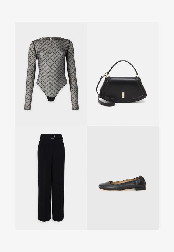 Black long-sleeve bodysuit made of sheer mesh with a diamond-patterned design. Features a back keyhole and a lined closure at the bottom.; Black tailored pants with a wide-leg silhouette, featuring a belt with a silver buckle, pleats, and a smooth fabric texture.; Black leather ballet flats with a rounded toe and minimal stitching. Low, rectangular heel and smooth texture. Subtle interior lining detail.; Black leather handbag with a structured design, featuring a cropped shape, top handle, and gold hardware accent. Adjustable shoulder strap included.; Silver hoop earrings with a smooth, curved design. Features a shiny metallic finish and stud closure. No visible patterns or accents.