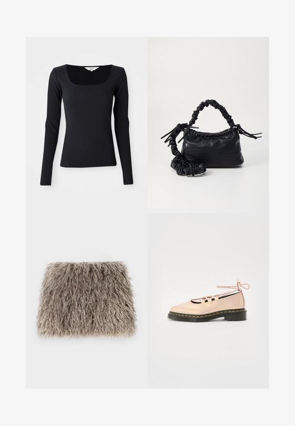 Black long-sleeve ribbed top with a square neckline, made of stretchy material, fitted design, and solid color without patterns or embellishments.; Faux fur clutch in light gray with a shaggy texture. Rectangular shape with soft, wavy strands and no visible hardware or accents.; Pale pink leather shoe with a rounded toe, lace-up details, and a black platform sole accented with yellow stitching.; Black faux leather handbag with a crocodile texture, cinched top, and a scrunched strap. Appears soft and compact in design.