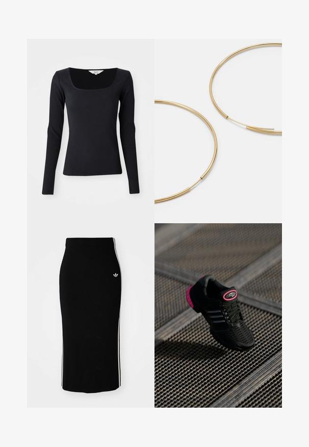 Czarna, długosuwałowa bluzka z prążkowanego materiału o kwadratowym dekolcie, wykonana z elastycznego materiału, dopasowany krój, w jednolitym kolorze, bez wzorów ani ozdób.; Czarna prążkowana spódnica midi o dopasowanym fasonie, z białymi paskami po bokach i małym białym emblematem z lewej strony.; Czarne buty sportowe z siateczkową cholewką, różowymi akcentami i czarnymi paskami. Posiadają teksturowaną podeszwę oraz logo na pięcie.; Złote kolczyki w kształcie cienkich okrągłych obręczy, o gładkim metalicznym wykończeniu, bez zdobień czy wzorów.
