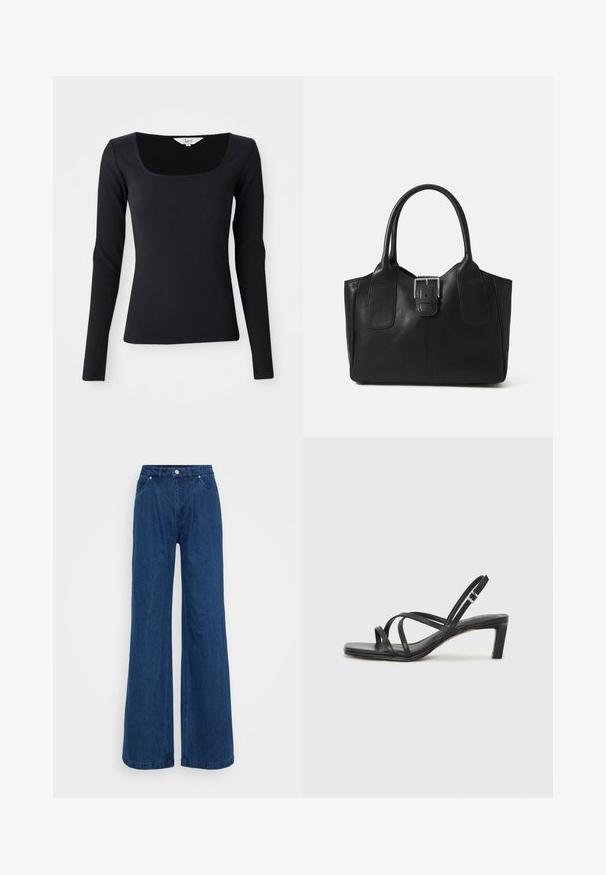 Schwarzes, langärmliges Rippoberteil mit quadratischem Ausschnitt, aus dehnbarem Material, figurbetontem Design und einfarbig ohne Muster oder Verzierungen.; Weite blaue Jeans mit hoher Taille, vorderem Knopf- und Reißverschlussverschluss sowie Vorder- und Hintertaschen vor einem schlichten Hintergrund.; Schwarze Sandale mit Riemchen, quadratischer Zehenform und niedrigem Blockabsatz. Verfügt über mehrere dünne Riemen und einen verstellbaren Knöchelriemen. Hergestellt aus glattem Leder.; Schwarze Leder-Tote mit glatter Textur, strukturiertem Design, zwei Griffen und einem auffälligen silbernen Schnallen-Detail auf der Vorderseite.; Silberner Doppelring mit einer glatten, polierten Oberfläche. Verfügt über ein fließendes, kurviges Design mit überlappenden Abschnitten für einen modernen Look.