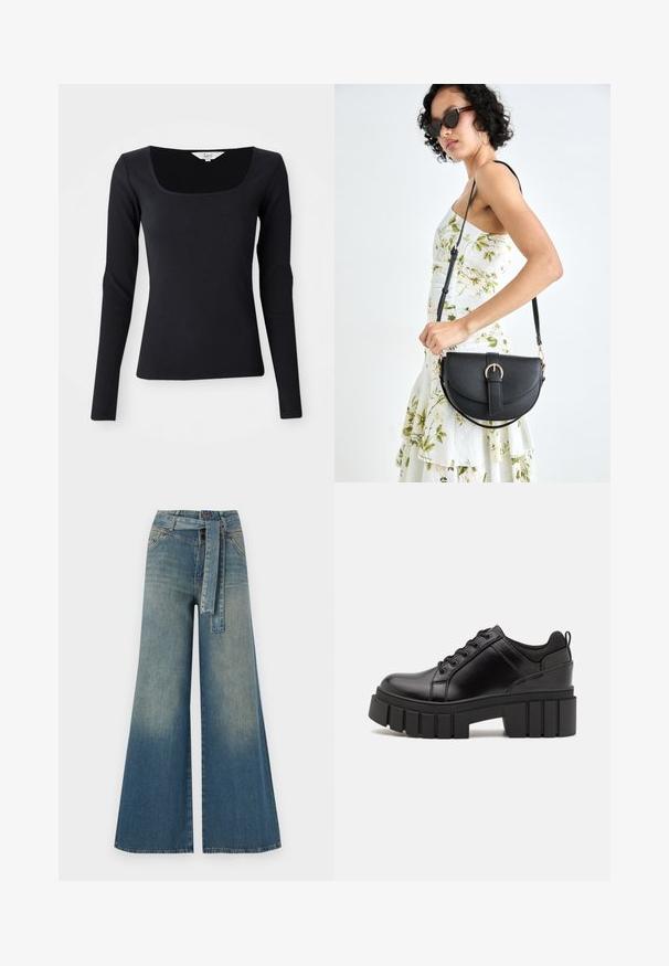 Crna majica dugih rukava s rebrastom teksturom i kvadratnim izrezom, izrađena od rastezljivog materijala, prilagođenog kroja i jedinstvene boje bez uzoraka ili ukrasa.; Široke traperice s gradijentom od svijetloplave do tamnoplave, visokog struka, petljama za remen i remenom od istog materijala. Teksturirana traper tkanina.; Crne kožne platforme s debelim blok-peta, okruglim prstima i klasičnim dizajnom vezanja. Imaju gladak tekstur i minimalne detalje.; Crna kožna torba s lukovitim oblikom, odvojivim remenom i zlatnim detaljima. Torba ima preklop s kopčom.