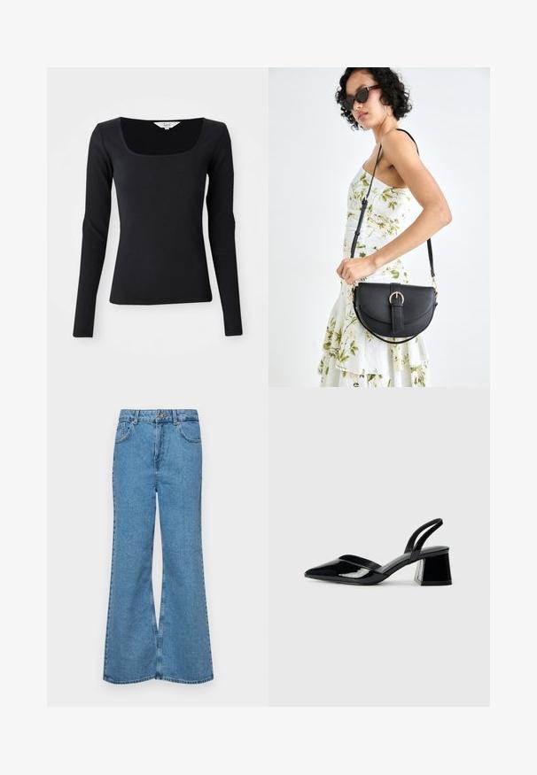 Top preto de manga longa canelado com decote quadrado, feito de um material elástico, design ajustado e cor sólida sem padrões ou adornos.; Jeans de brim azuis claros, com corte à boca de sino, apresentando uma cintura alta, cinco bolsos e um fecho de botão único. Textura macia com acabamento desbotado.; Sandy em verniz preto com salto slingback, ponta afilada e salto geométrico. Apresenta um design elegante e minimalista com textura suave.; Bolsa de couro preta com forma curva, alça destacável e detalhes em dourado. A bolsa possui uma aba com detalhe de fivela.