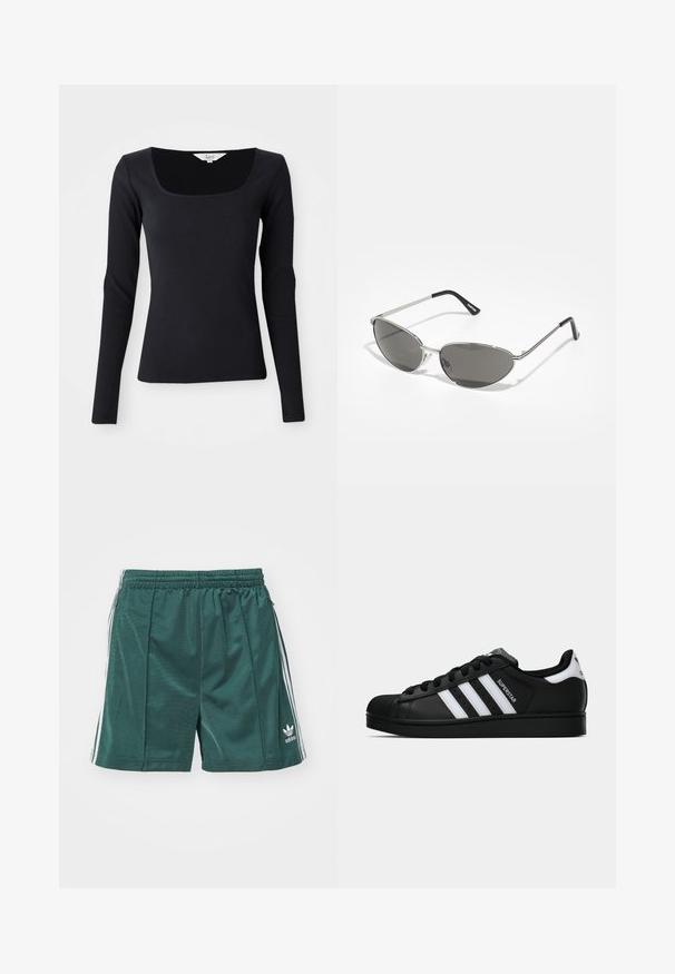 Schwarzes, langärmliges Rippoberteil mit quadratischem Ausschnitt, aus dehnbarem Material, figurbetontem Design und einfarbig ohne Muster oder Verzierungen.; Grüne Sportshorts aus glattem Stoff, mit elastischem Bund, Seitenstreifen und einem kleinen weißen Logo am Unterschenkel.; Schwarzer Adidas Superstar Sneaker mit weißen Streifen, Schalenzehen und "Superstar"-Schriftzug an der Seite, im Seitenprofil auf weißem Hintergrund dargestellt.; Sonnenbrille mit einem schlanken, silbernen Metallrahmen, grauen getönten Gläsern und einem aerodynamischen Design mit spitzen Kanten und dünnen Bügeln.