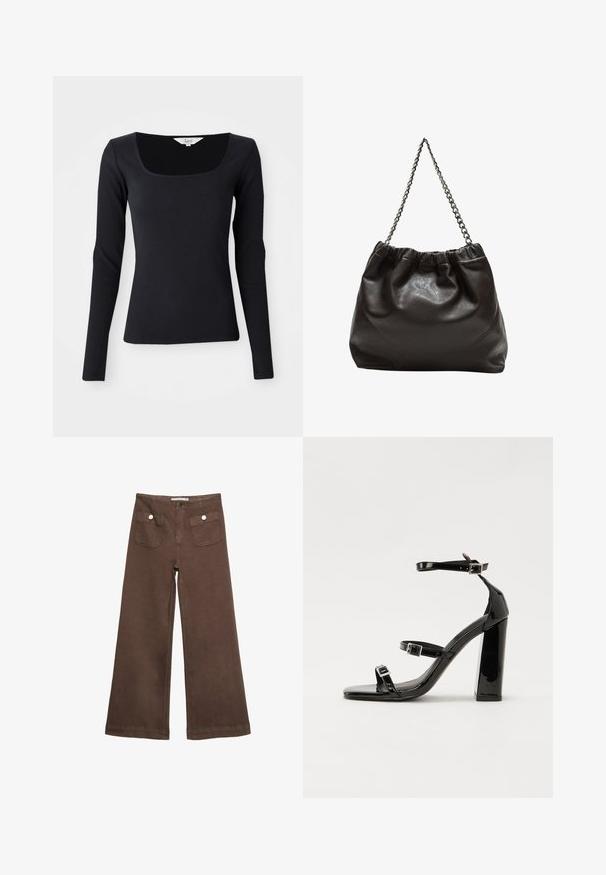 Črn dolgi rokav ribast top s kvadratnim izrezom, izdelan iz raztegljivega materiala, prilegajoča zasnova in enotna barva brez vzorcev ali okraskov.; Svetlo rjave široke hlače iz bombaža, ki vključujejo dva sprednja žepa s srebrnimi gumbi in gladko teksturo.; Črne lakaste sandale z visokimi petami, z dvema trakovoma z zaponkama, kvadratnim sprednjim delom in masivno širšo peto, z gladko, sijočo teksturo.; Rjava usnjena torba z nabranim vrhom in verižnim trakom. Gladka tekstura z sijajno površino in subtilnimi šivi na straneh.