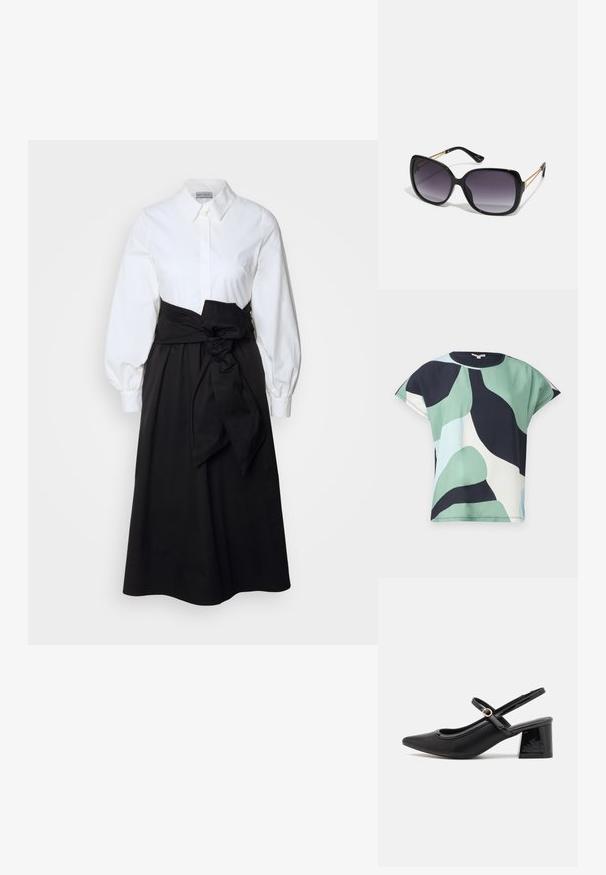 Kurzärmliges Oberteil in einem grünen, marineblauen und weißen abstrakten Muster. Weicher Stoff mit lockerer Passform und rundem Ausschnitt, mit einem sauberen Finish.; Weißes Hemd mit langen Puffärmeln, kombiniert mit einem schwarzen Rock und einem Stoffgürtel, der auf der Taille gebunden ist, aus glattem Baumwollmaterial.; Schwarze Lackleder-Slingback-Absätze mit spitzer Zehenform, einem runden Ausschnitt-Design und einem Blockabsatz. Mit einem goldfarbenen Schnallenakzent.; Schwarze übergroße Sonnenbrille mit getönten Gläsern, dicken Rahmen und goldfarbener Kettendetaillierung an den Bügeln.; Schwarze Tragetasche aus synthetischem Material, mit einfachem rechteckigem Design, goldenen quadratischen Akzenten und doppelten Griffen.