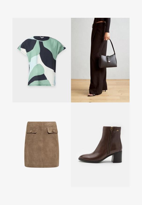 Kortærmet top i grøn, marineblå og hvidt abstrakt mønster. Blødt stof med en afslappet pasform og rund halsudskæring, med en ren finish.; Brun ruskind mini nederdel med en glat tekstur, der har to frontlommer med flap og knaplukninger på hver side. Enkel, lige design.; Brune læder ankelsko med rund toe, side lynlås med guld hardware og en blokhæl med et struktureret mønster.; Sort håndtaske med struktureret form, glat overflade og metalspænde. Sammen med brede sorte bukser og sandaler med åben tå på trægulv.