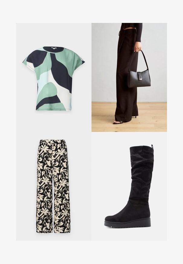 Top cu mânecă scurtă, în nuanțe de verde, bleumarin și un model abstract alb. Material moale, cu o croială lejeră și decolteu rotund, având o finisare curată.; Pantaloni negri cu croi larg, decorati cu un model floral crem. Fabricati dintr-un material usor, avand o textura neteda si un talie inalta.; Cizme negre din suede, până la genunchi, cu un design picotit, vârf rotund și talpă groasă cu detalii texturate.; Genți negre cu o formă structurată, textură netedă și un închizător metalic. Asortată cu pantaloni negri largi și sandale cu vârf deschis pe un podea din lemn.