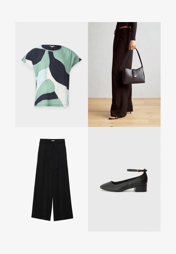 Zaļās, tumši zilās un baltās abstraktās rakstā īsām piedurknēm topi. Mīksts audums ar brīvu piegriezumu un noapaļotu dekoltē, ar vienkāršu apdari.; Melni platleņķa bikses ar teksturētu audumu, elastīgu jostu un noņemamu siksnu viduklī, kas nodrošina regulējamu piegulšanu.; Melnas ādas sūkņi ar smailu purngalu un zemu bloku papēdi. Iezīmēts ar potītes siksniņu ar zelta krāsas sprādzi. Gluda tekstūra.; Melnā somiņa ar strukturētu formu, gludu tekstūru un metālu sprādzi. Saskaņota ar platām melnām biksēm un sandālēm ar atvērtu purngalu uz koka grīdas.