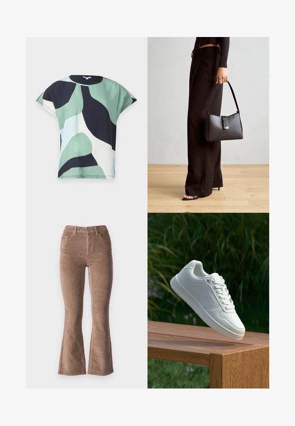 Top de manga curta em padrão abstrato nas cores verde, azul marinho e branco. Tecido suave com um ajuste descontraído e decote redondo, apresentando um acabamento limpo.; Calças flared em corduroy castanho com uma textura ribbed, apresentando uma cintura alta, cinco bolsos e um fecho frontal com botão.; Sapatilha branca com um cabedal sintético liso, caixa dos dedos perfurada, atacadores planos e uma sola texturizada, exposta sobre uma superfície de madeira.; Bolsa preta com forma estruturada, textura suave e um fecho metálico. Combinada com calças largas pretas e sandálias de salto aberto sobre um chão de madeira.