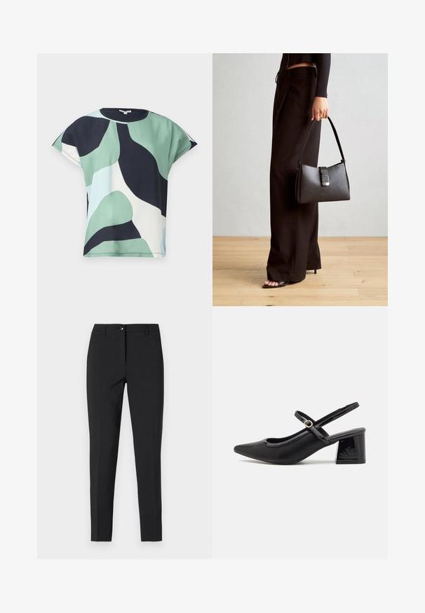 Krótki rękaw top w zielonym, granatowym i białym abstrakcyjnym wzorze. Miękka tkanina o luźnym kroju i okrągłym dekolcie, z czystym wykończeniem.; Czarne dopasowane spodnie z gładkiego materiału, z klasycznym pasem, przednim zamkiem błyskawicznym i bocznymi kieszeniami, o eleganckim, dopasowanym kroju.; Czarne lakierowane czółenka na słupku ze spiczastym noskiem, lekko zaokrąglonym wycięciem i obcasem w kształcie bloku. Posiadają złotą klamrę jako akcent dekoracyjny.; Czarna torebka o usztywnionym kształcie, gładkiej fakturze i metalowym zapięciem. Połączona z szerokimi czarnymi spodniami i sandałami na otwartym palcu na drewnianej podłodze.