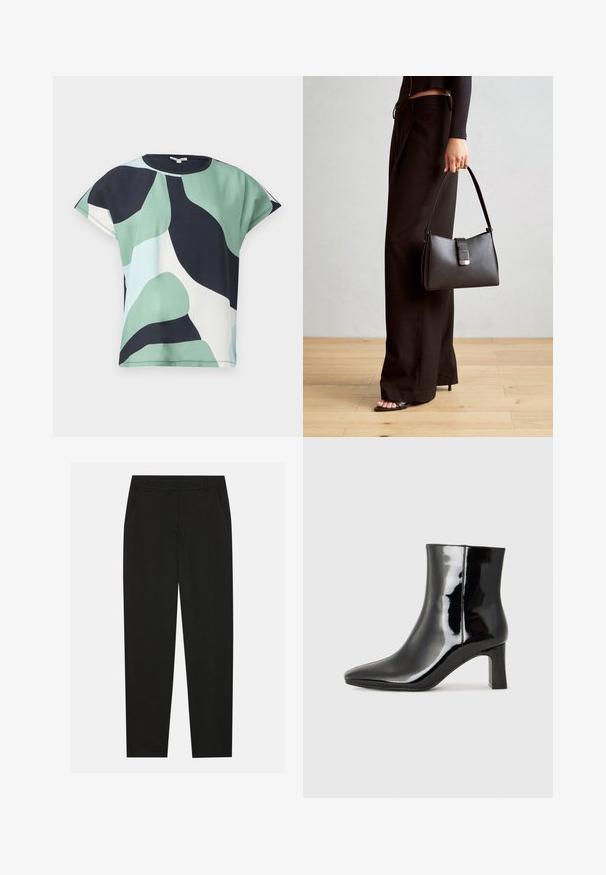 Rövid ujjú felső zöld, sötétkék és fehér absztrakt mintázatban. Puha anyagból készült, lazán illeszkedő fazon, kerek nyakkal, tiszta kidolgozással.; Fekete nadrág testreszabott kialakítással, oldalsó zsebekkel és egyenes lábbal. Simább, könnyű szövetből készült, elegáns felülettel.; Fekete lakk bőrcipő bokáig érő, hegyes orral és közepes magasságú tömbsarokkal. Simább textúrával és minimalista dizájnnal rendelkezik.; Fekete kézi táska strukturált formával, sima textúrával és fémből készült záródással. Széles fekete nadrággal és nyitott orrú szandállal párosítva, fából készült padlón.